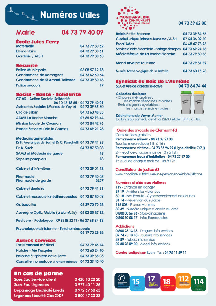 Liste des Numéros utiles - La Roche Blanche - Gergovie